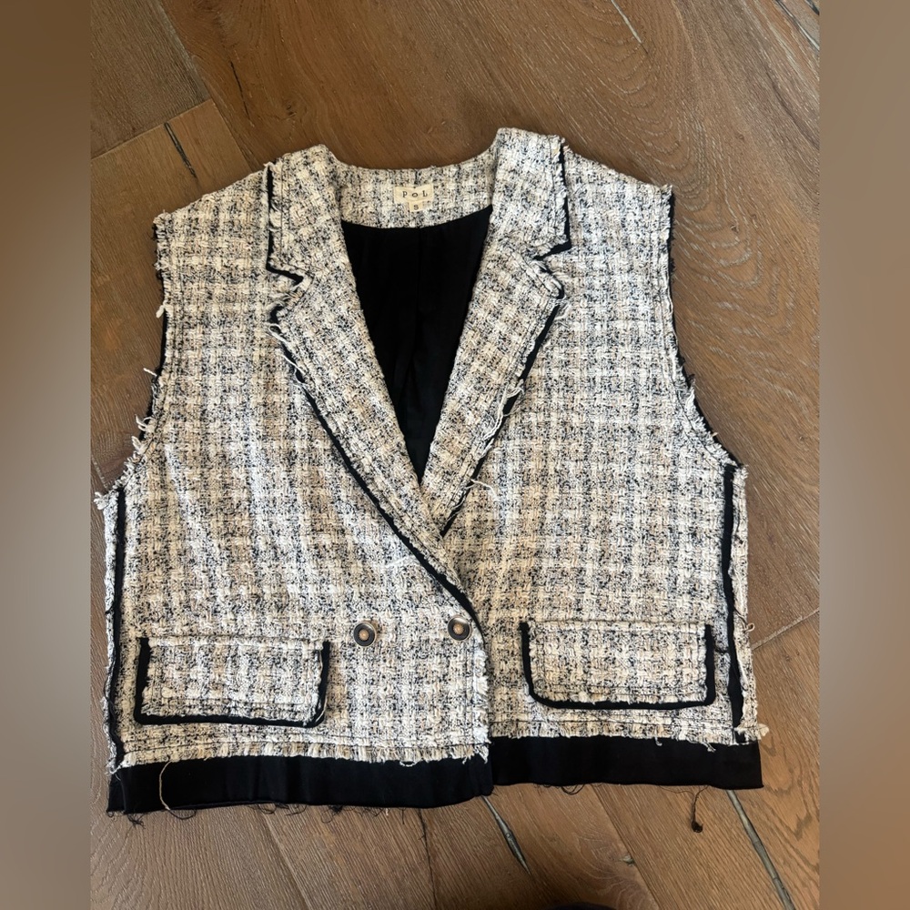 POL Black and White Tweed Distressed Vest